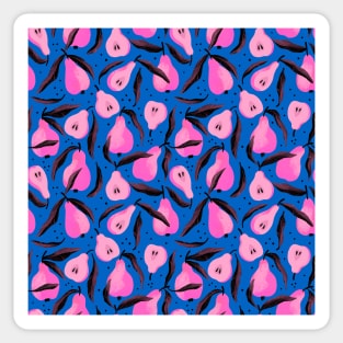 Pink pears with leaves on royal blue pattern Sticker